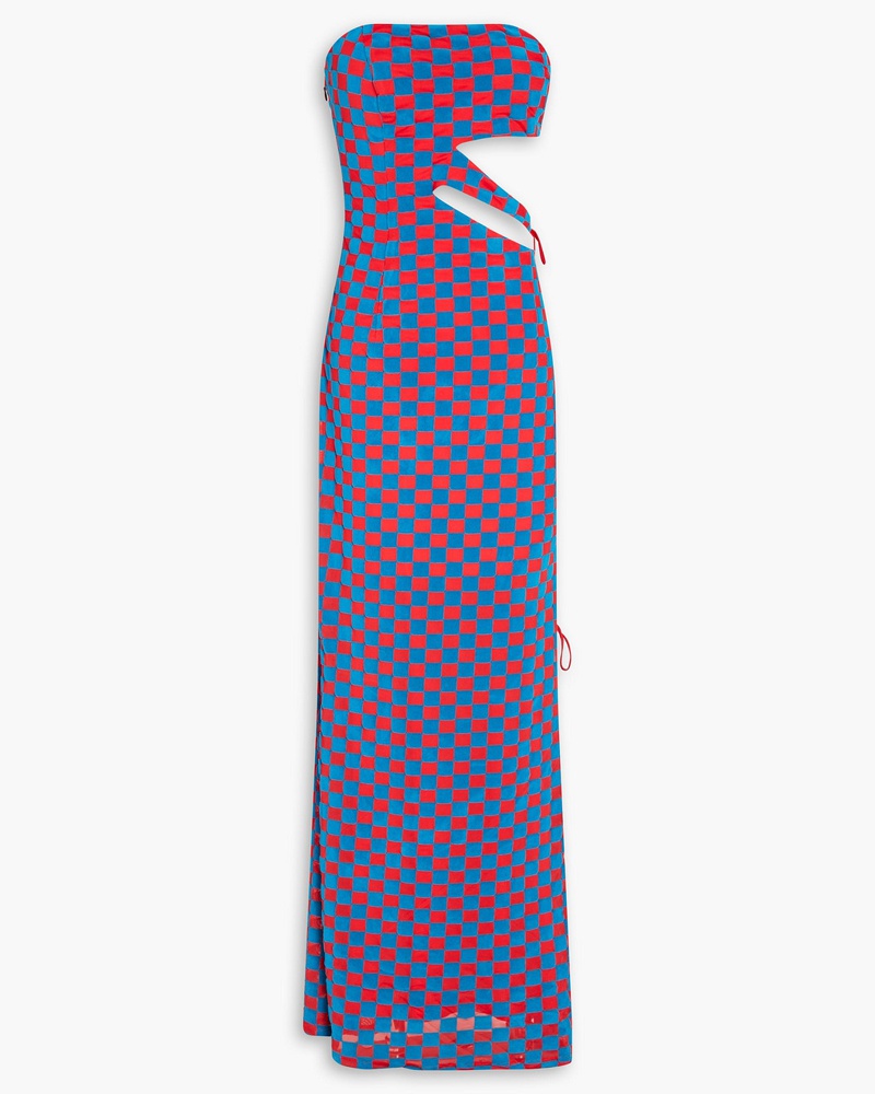 ROTATE Birger Christensen Damen Malena trägerloses Maxikleid aus beflocktem Mesh mit Cut-outs