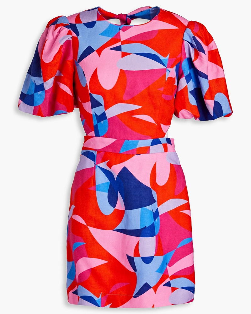 Rebecca Vallance Damen Bedrucktes Minikleid aus einer Leinenmischung mit Knotendetail und Cut-outs