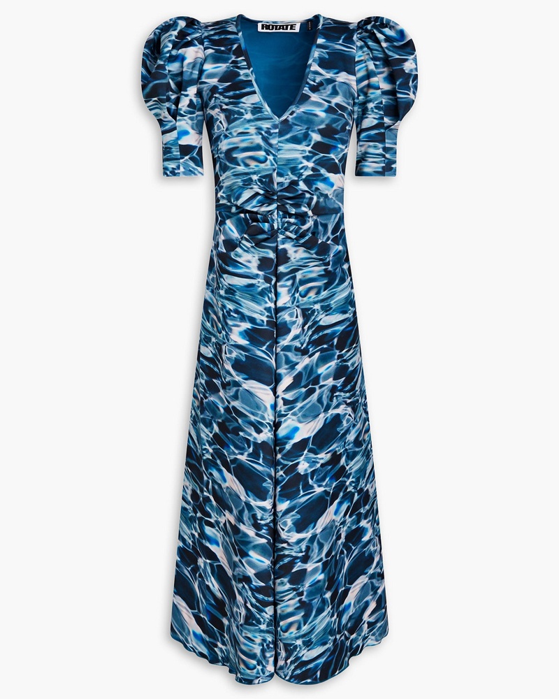 ROTATE Birger Christensen Damen Sierina bedrucktes Midikleid aus Scuba mit Raffungen