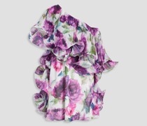 Minikleid aus Chiffon mit floralem Print, Falten und asymmetrischer Schulterpartie