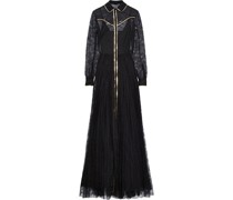 Metallic leather-trimmed silk-lace gown