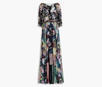 Geraffte Robe aus Chiffon und Tüll aus einer Seidenmischung mit floralem Print