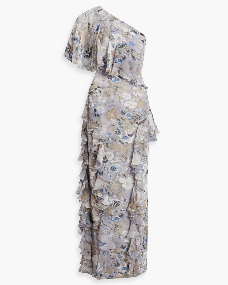 Mikael Aghal Damen Einschultrige Robe aus Chiffon mit floralem Print und Rüschen