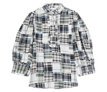Jerro karierte Bluse aus Baumwoll-Voile inPatchwork-Optik mit Rüschenbesatz