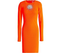 Neonfarbenes Minikleid aus Rippstrick mit Verzierung