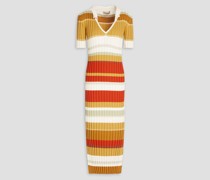 Striped metallic ribbed-knit midi dress
