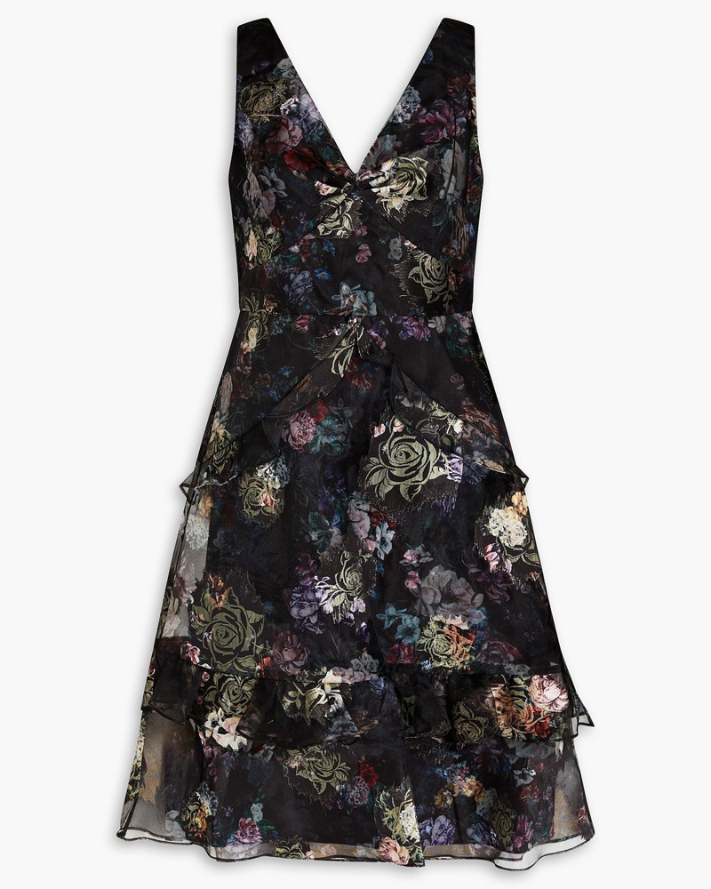 Marchesa Damen Kleid aus Organza mit Fil Coupé floralem Print und Rüschen