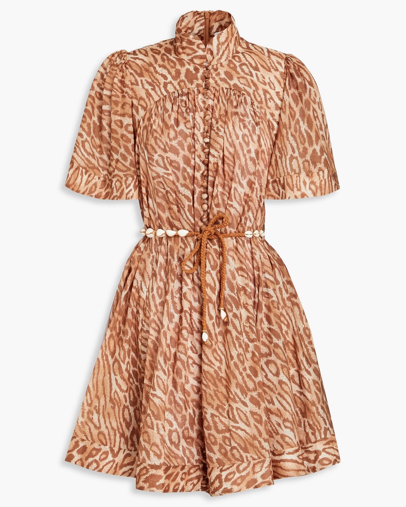 Zimmermann Damen Gerafftes Minikleid aus Baumwolle mit Leopardenprint