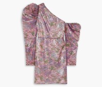 Minikleid aus Tüll mit asymmetrischer Schulterpartie, Pailletten und floralem Print