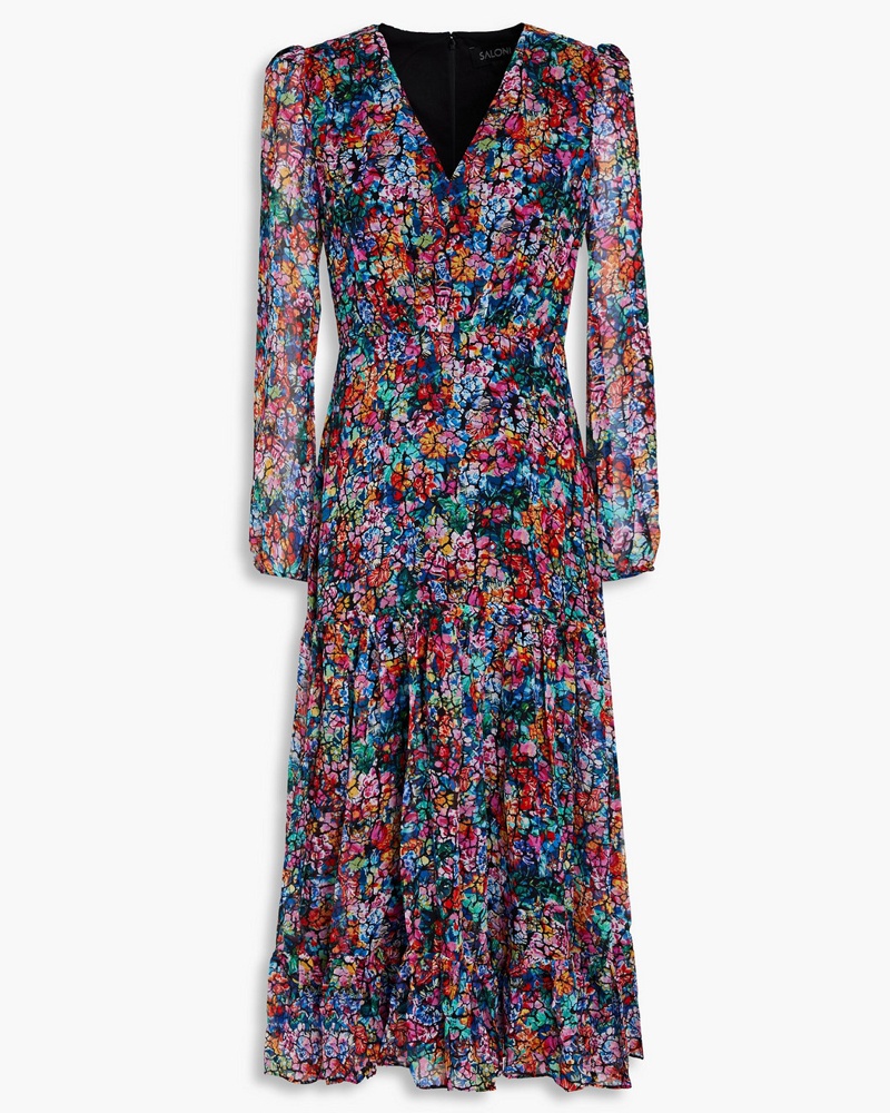 Saloni Damen Devon Midikleid aus Seiden-Georgette mit Raffung und Print