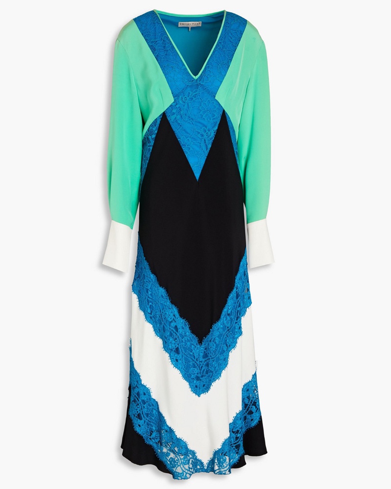 Emilio Pucci Damen Midikleid aus Crêpe de Chine aus einer Seidenmischung mit Spitzeneinsätzen