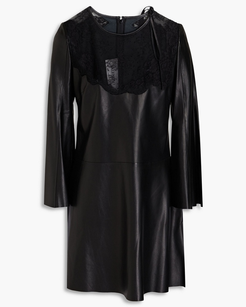 Valentino Garavani Damen Minikleid aus Leder mit Schleife und Spitzenbesatz