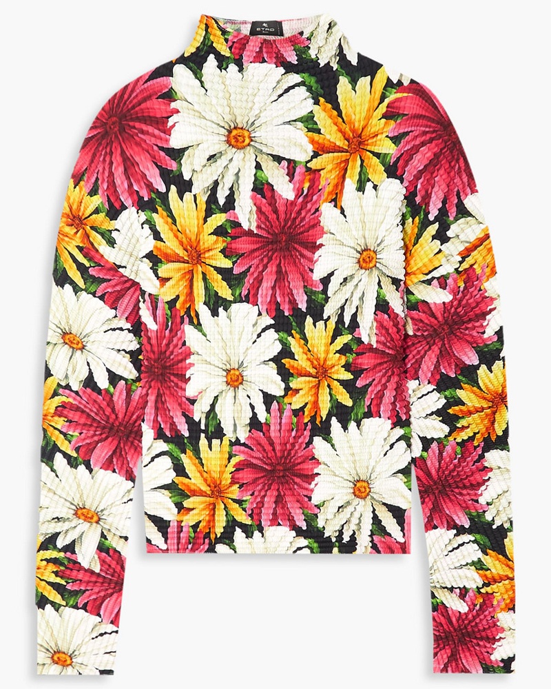 Etro Damen Rollkragenoberteil aus plissiertem Crêpe mit floralem Print