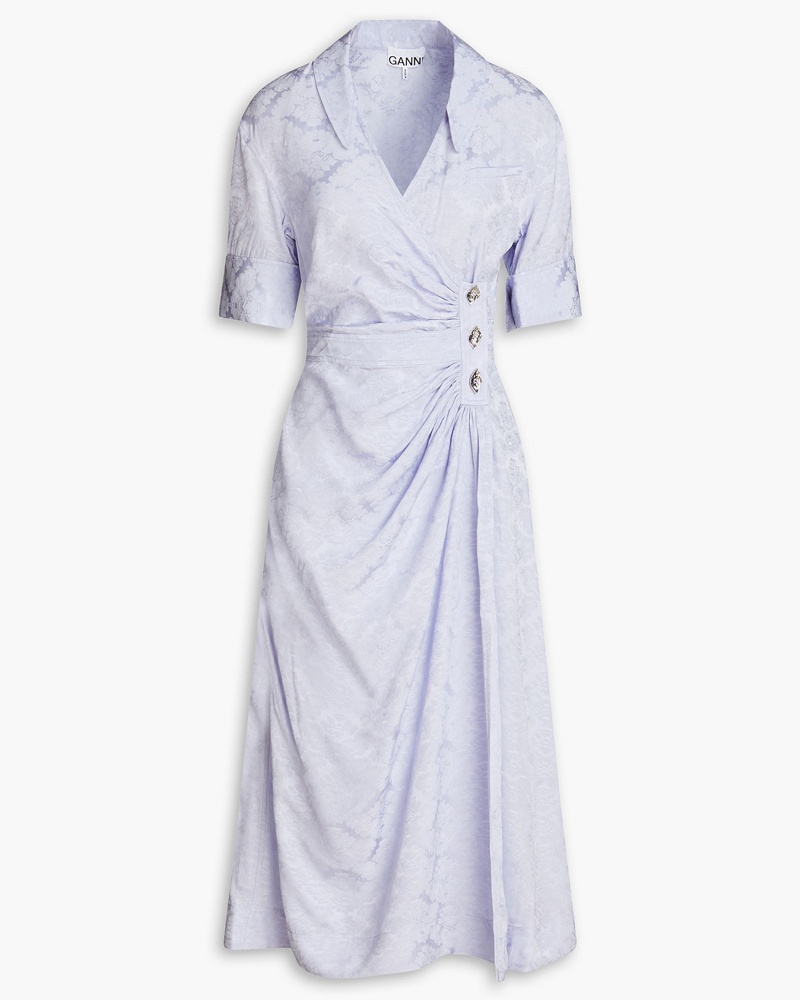 Ganni Damen Midi-Wickelkleid aus glänzendem Jacquard