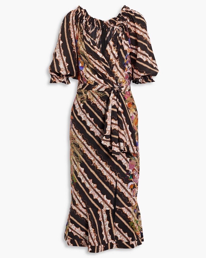 Saloni Damen Olivia Midikleid aus Crêpe de Chine aus Seide mit Print und Wickeleffekt