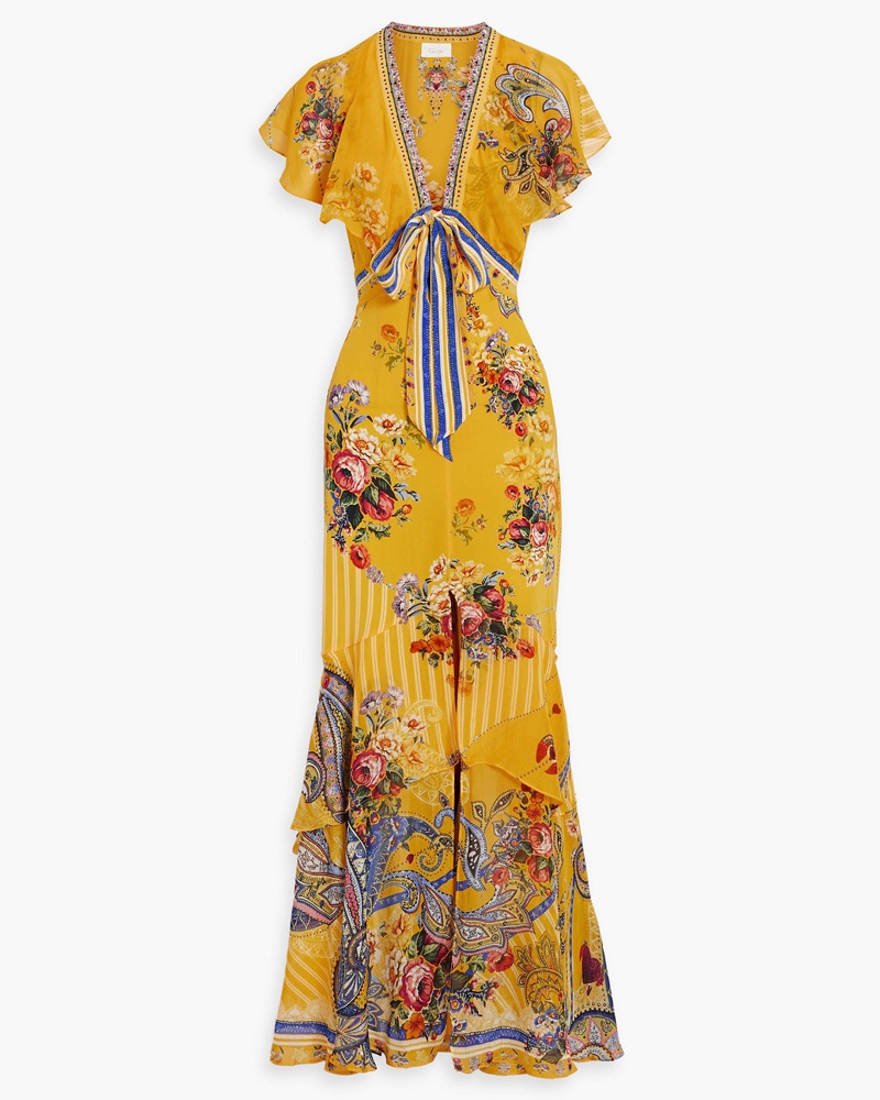 Camilla Damen Maxikleid aus bedrucktem Seidenchiffon mit Rüschen S