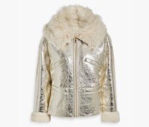 Kapuzenjacke aus Craquelé-Leder in-Optik mit Shearling-Besatz