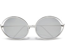 Silberfarbene Sonnenbrille mit rundem Rahmen und verspiegelten Gläsern