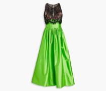 Gerafftes Midikleid aus Schantung aus einer Seidenmischung mit Spitzeneinsätzen