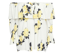 Silvery Off-the-shoulder Ruffled Floral-print Crepe Top