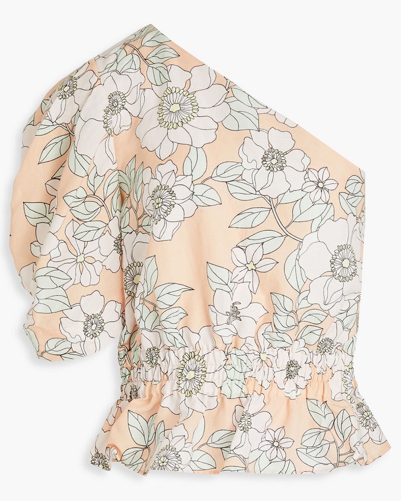 Claudie Pierlot Damen Bijou Oberteil aus einer Lyocell-Leinenmischung mit asymmetrischer Schulterpartie floralem Print und Schößchen Claudie Pierlot Damen Bijou Oberteil aus einer Lyocell-Leinenmischung mit asymmetrischer Schulterpartie floralem Print und Schößchen