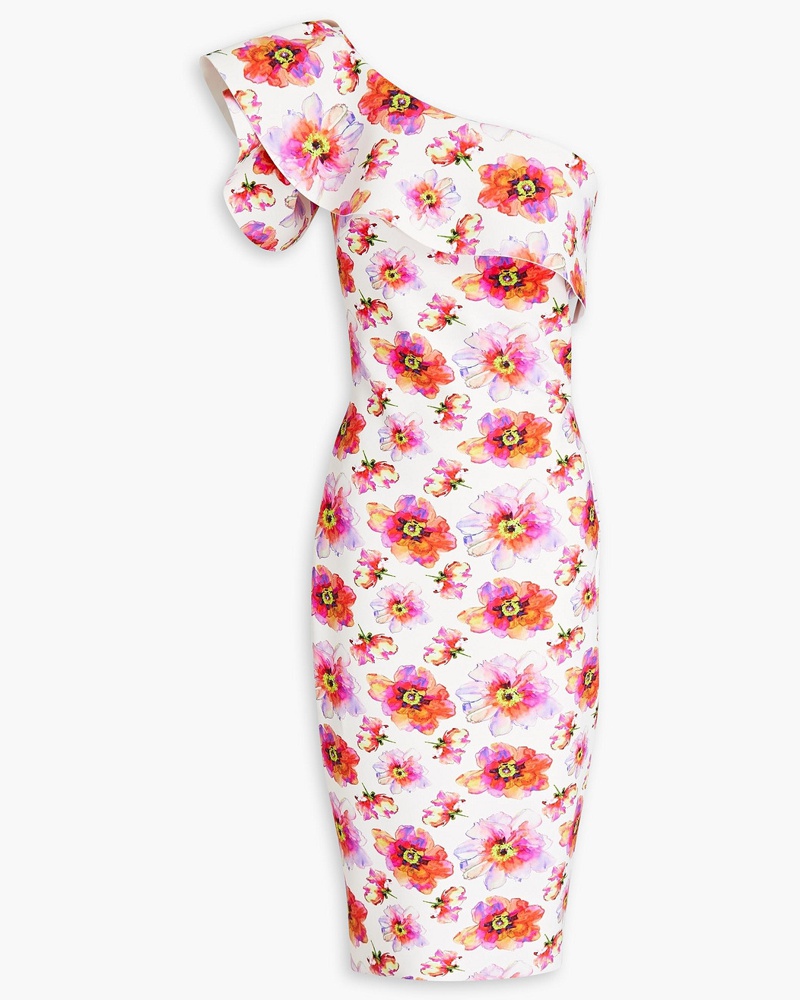 Chiara Boni Damen Elisse Kleid aus Scuba mit floralem Print Rüschen und asymmetrischer Schulterpartie