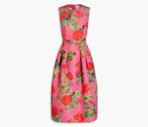Belted floral-print faille midi dress