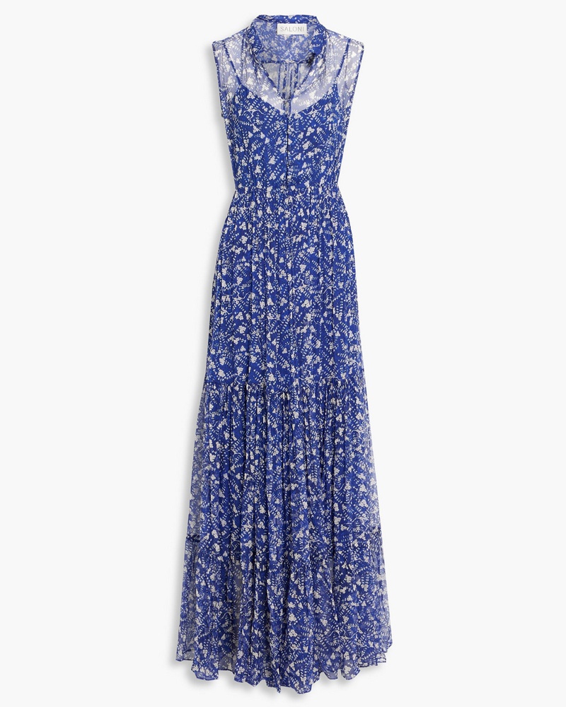 Saloni Damen Alexia Maxikleid aus Seiden-Georgette mit floralem Print und Raffung