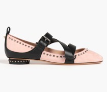 Rockstud zweifarbige Ballerinas aus Veloursleder und Leder