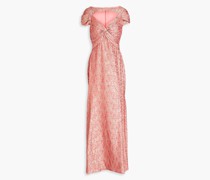 Twist-front cutout metallic jacquard gown