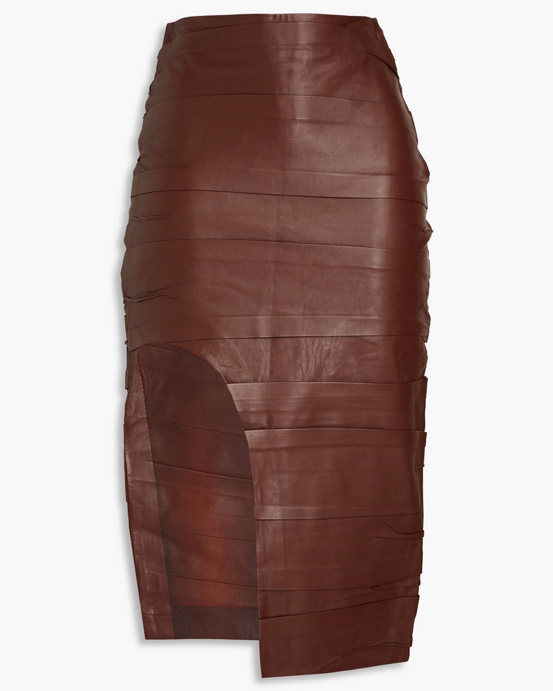 Zeynep Arcay Damen Asymmetrischer Midirock aus strukturiertem Leder mit Falten
