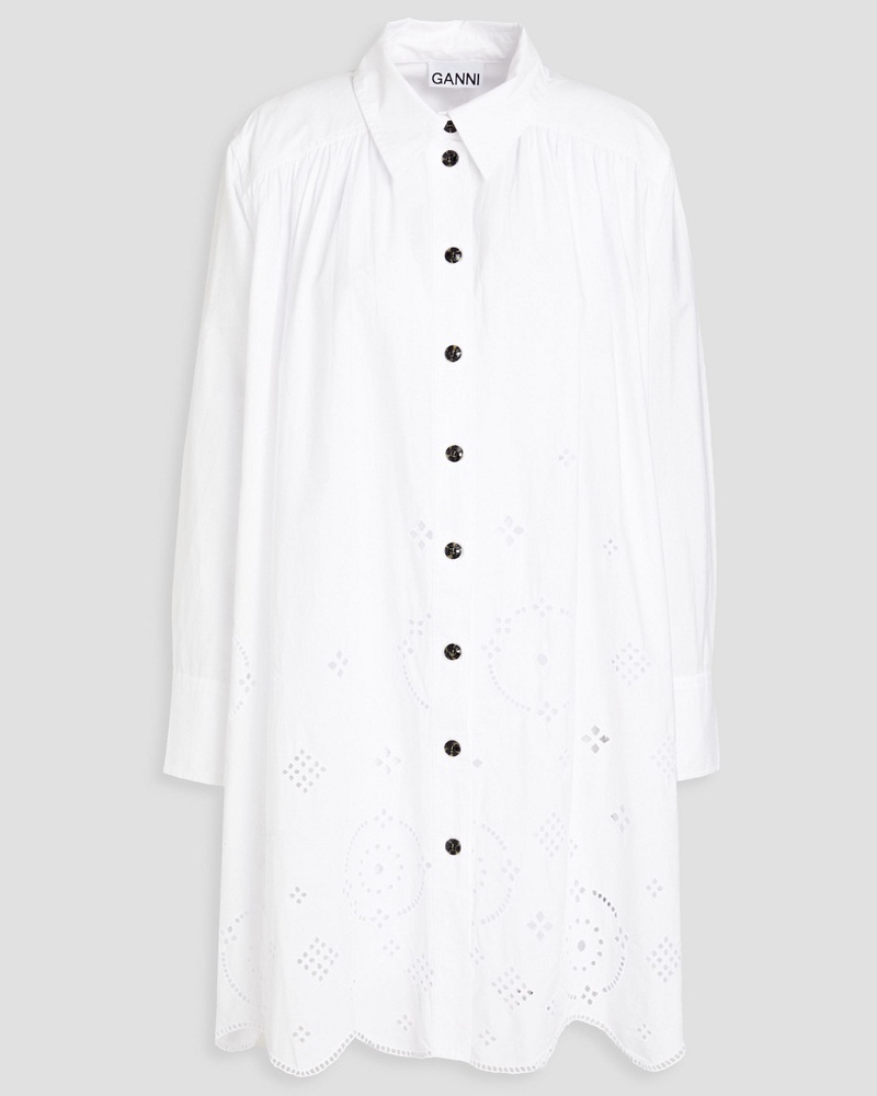 Ganni Damen Gerafftes Oversized-Hemdkleid inMinilänge aus Bio-Baumwolle mit Lochstickerei