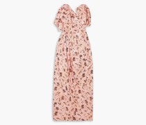 Novea trägeroses Keid aus gänzendem Jacquard mit foraem Print und Rüschen