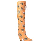 Lila 90 Overknees mit Raffung und Stickereien