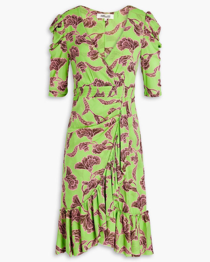 Diane von Furstenberg Damen Bedrucktes Midikleid aus Stretch-Mesh mit Rüschen