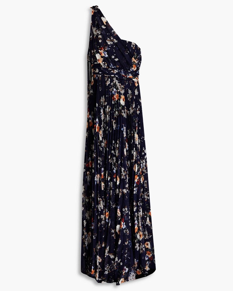 Mikael Aghal Damen Plissierte Robe aus Chiffon mit Fil Coupé floralem Print und asymmetrischer Schulterpartie