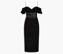 Schulterfreies Midikleid aus Crêpe mit Rüschen und Spitzeneinsätzen