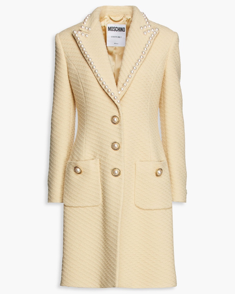 Moschino Damen Mantel aus Tweed aus einer Wollmischung mit Verzierung