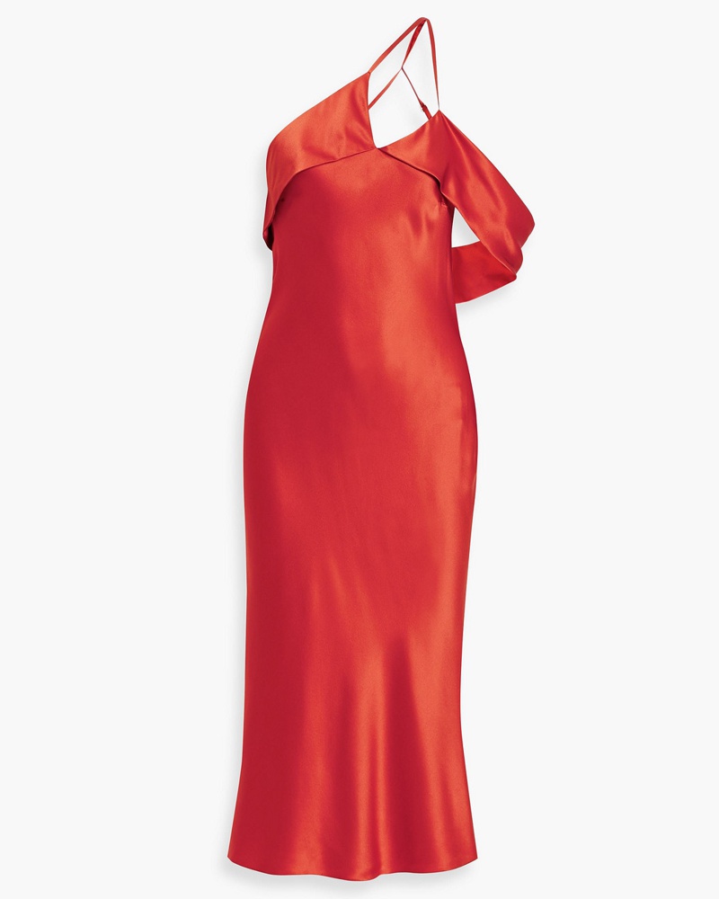 mason by michelle mason Damen Drapiertes Midikleid aus Seidensatin mit asymmetrischer Schulterpartie