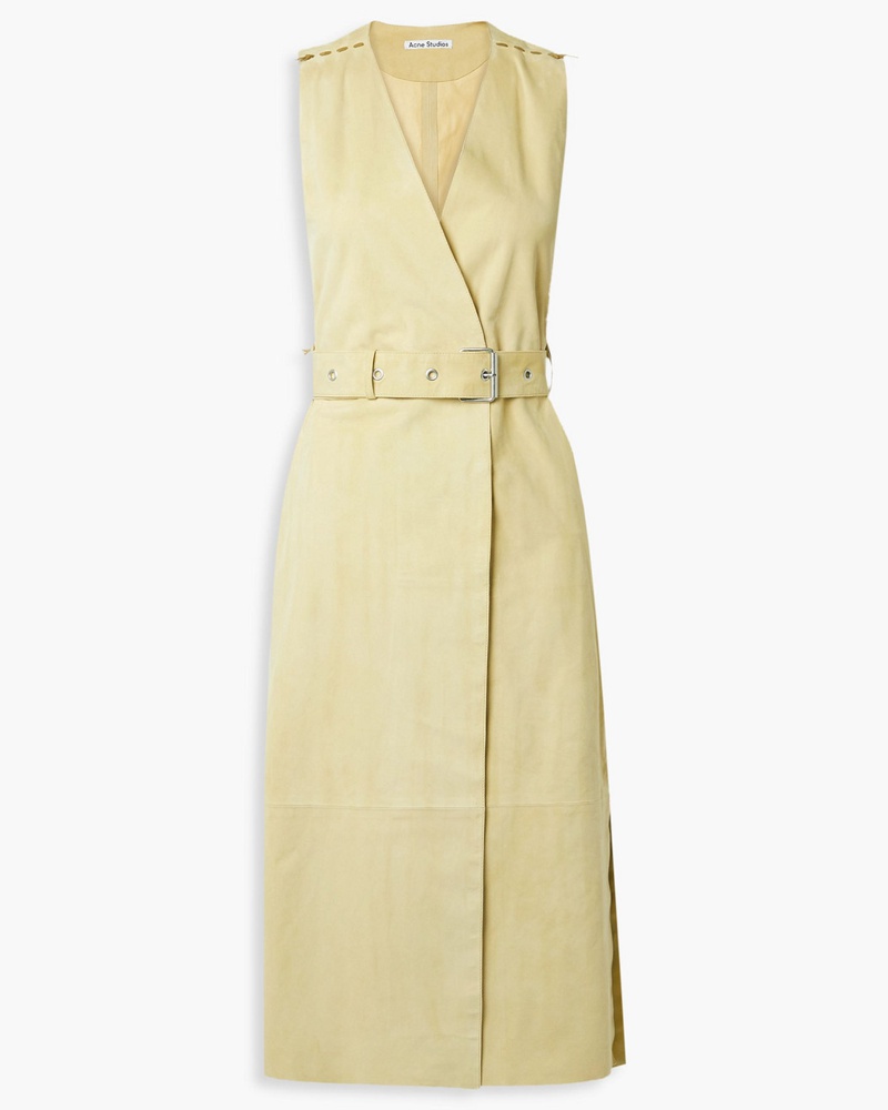 Acne Studios Damen Midi-Wickelkleid aus Veloursleder mit Details im Überwendlichstich und Gürtel