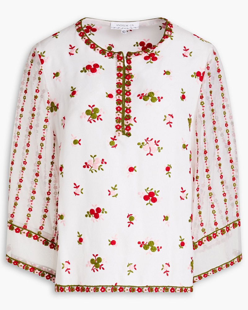 Andrew GN Damen Bluse aus Crêpe de Chine aus einer Seidenmischung mit Organzaeinsätzen und Stickereien