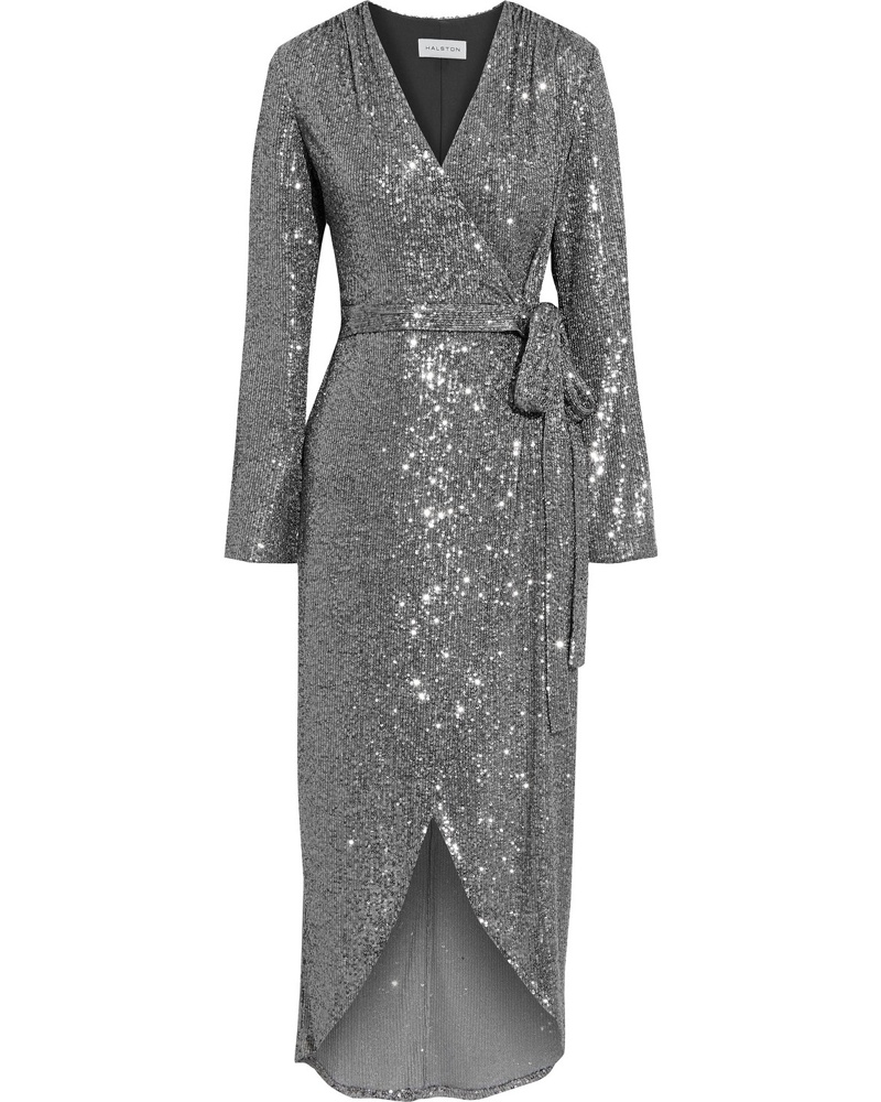 Halston Damen Falan Midi-Wickelkleid aus Mesh mit Pailletten