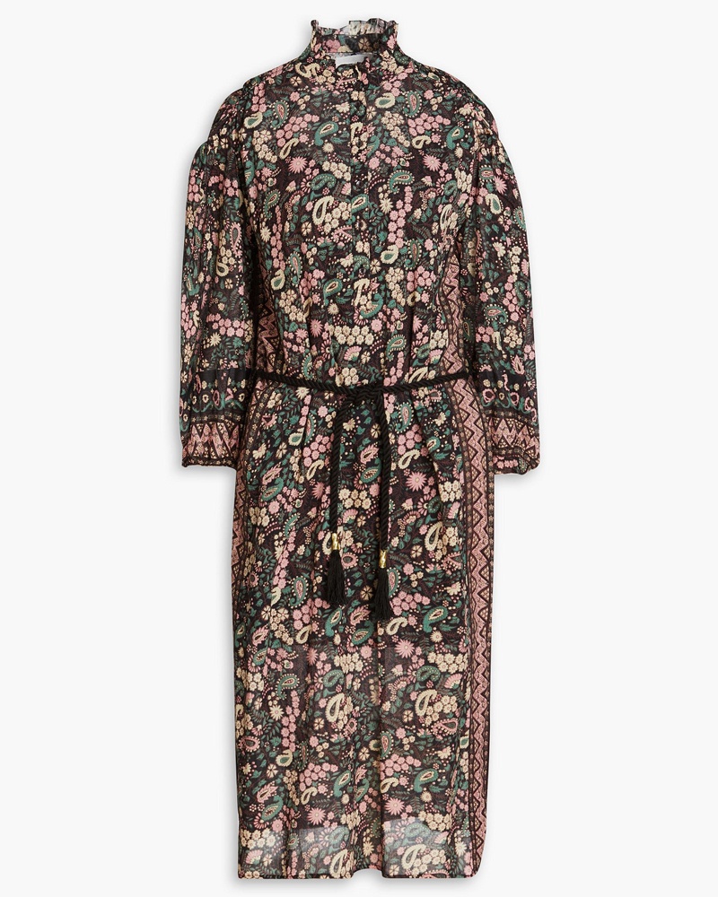 Antik Batik Damen Midikleid aus Baumwoll-Voile mit floralem Print und Gürtel