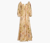Geraffte Robe aus einer Seidenmischung mit floralem Print, Cut-outs und -Effekt