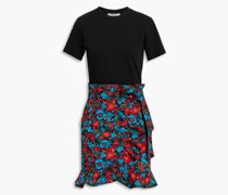 Minikleid aus Baumwoll-Jersey und Webstoff mit floralem Print und Wickeleffekt