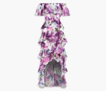 Schulterfreies Kleid aus Chiffon mit Rüschen und floralem Print 0
