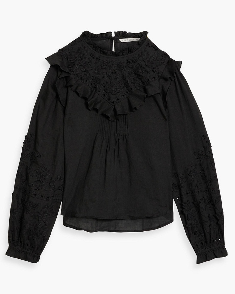 Veronica Beard Damen Espalier Bluse aus Ramie mit Lochstickerei und Rüschen
