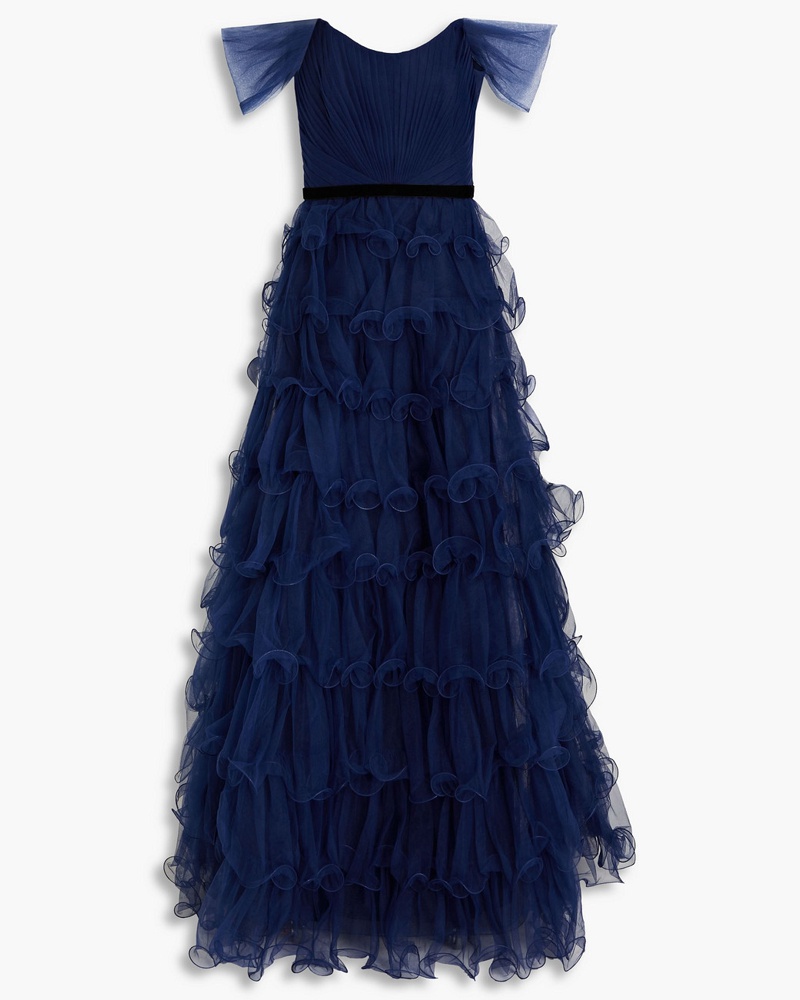 Marchesa Damen Schulterfreie gestufte Robe aus Tüll