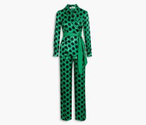 Clyde Jumpsuit aus glänzendem Jacquard mit weitem Bein, Polka-Dots und Wickeleffekt