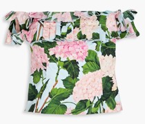Schulterfreies Oberteil aus Stretch-Baumwollpopeline mit floralem Print und Falten